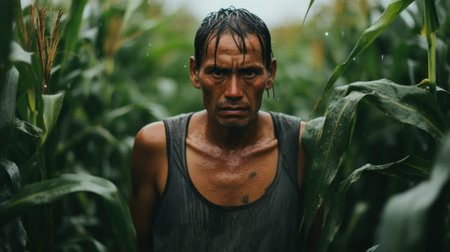 A man standing in a corn field in the rain. Generative AI image.の素材