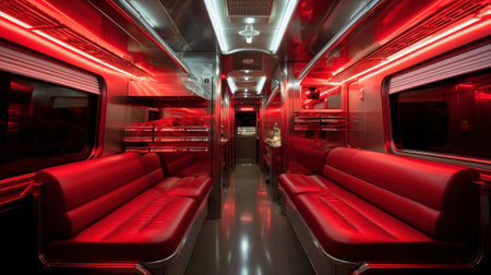 A train car with red lights and red seats. Generative AI image.の素材