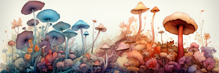 A painting of a bunch of mushrooms in a field. Generative AI image.の素材