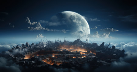 A city in the sky with a moon in the background. Generative AI image.の素材