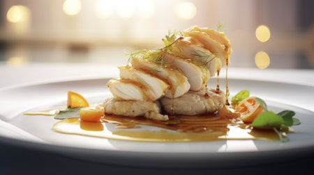 A white plate topped with meat covered in sauce. Generative AI image.の素材