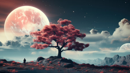 A man standing on a hill next to a tree. Generative AI image.の素材