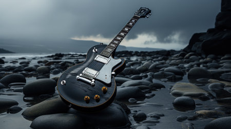 A black guitar sitting on top of a pile of rocks. Generative AI image.の素材