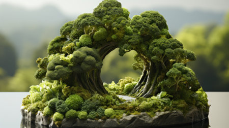 A miniature model of a tree on a rock. Generative AI image.の素材