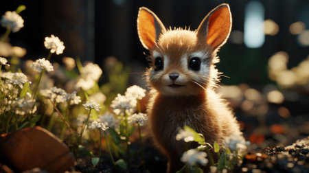 A small rabbit sitting in the middle of a field of flowers. Generative AI image.の素材