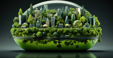 A green globe with a city inside of it. Generative AI image.の素材