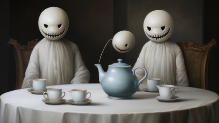A table topped with a tea pot and cups. Generative AI image.の素材