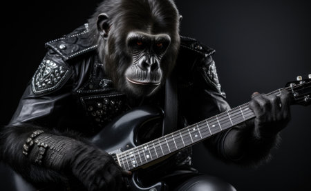 A gorilla in a leather jacket playing a guitar. Generative AI image.の素材