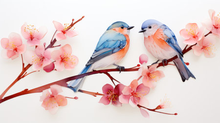Two birds sitting on a branch with pink flowers. Generative AI image.の素材