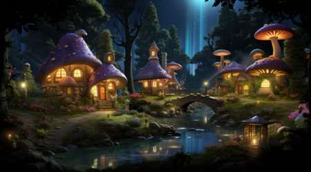 A painting of a fairy village at night. Generative AI image.の素材
