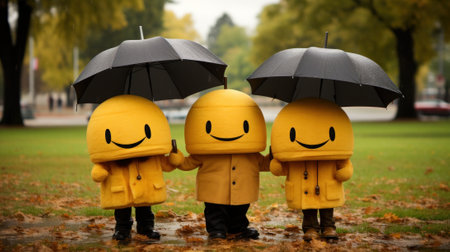 Three people in yellow raincoats holding umbrellas. Generative AI image.の素材