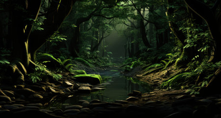 A stream running through a lush green forest. Generative AI image.の素材