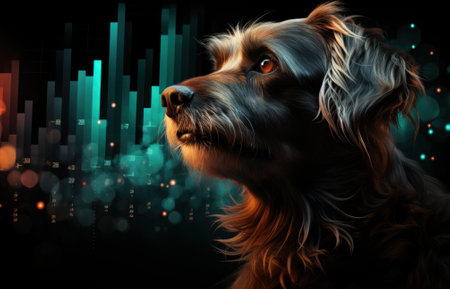 A dog that is sitting in the dark. Generative AI image.の素材