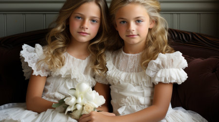 Two young girls in white dresses sitting on a couch. Generative AI image.の素材