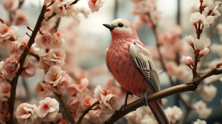 A pink bird perched on a branch of a tree. Generative AI image.の素材