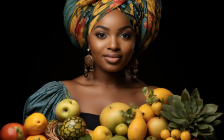 A woman in a turban holding a basket of fruit. Generative AI image.の素材