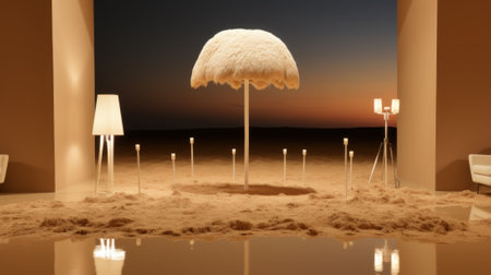A room with a beach umbrella in the middle of it. Generative AI image.の素材