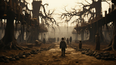 A group of people walking through a forest. Generative AI image.の素材