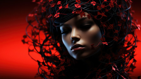 A mannequin wearing a red and black head piece. Generative AI image.の素材
