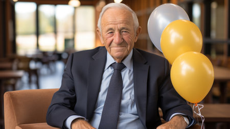 An older man sitting in a chair holding a bunch of balloons. Generative AI image.の素材