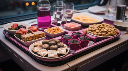 A tray of food on a table next to a window. Generative AI image.の素材