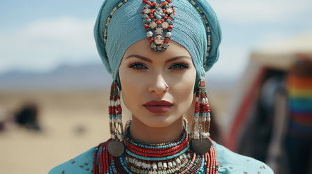 A woman in a blue turban and earrings. Generative AI image.の素材
