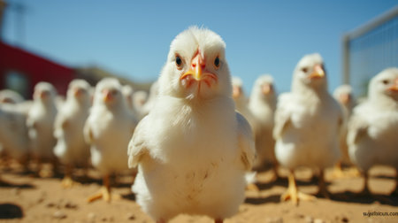 A group of chickens standing on top of a dirt field. Generative AI image.の素材