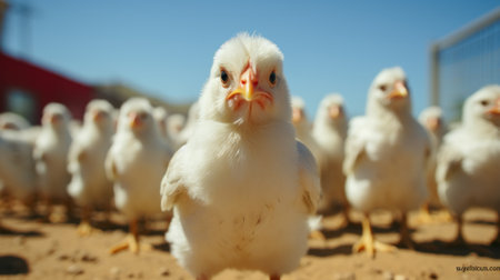 A group of chickens standing on top of a dirt field. Generative AI image.