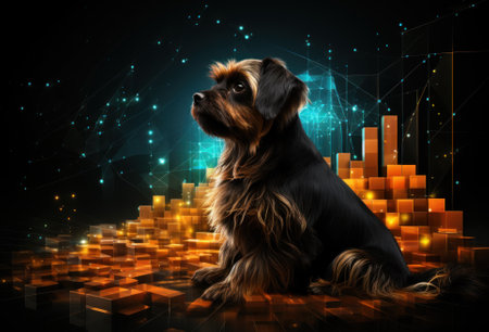 A dog sitting in front of a digital background. Generative AI image.の素材