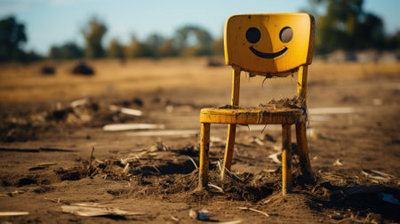 A yellow chair with a smiley face painted on it. Generative AI image.の素材