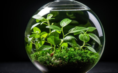 A glass bowl with a plant inside of it. Generative AI image.の素材