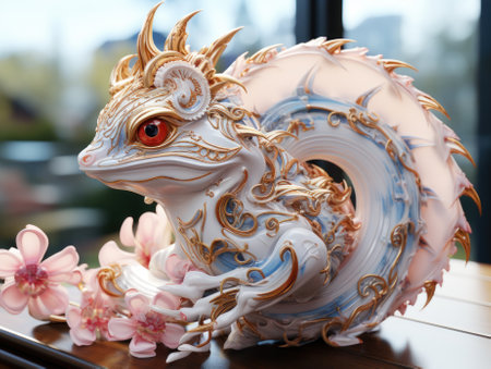 A figurine of a white and gold squirrel with pink flowers. Generative AI image.の素材