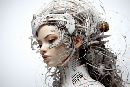 A woman with a futuristic headpiece made of wires. Generative AI image.の素材