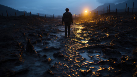 A person standing in a muddy field at night. Generative AI image.の素材