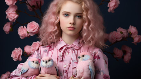 A woman with pink hair holding two birds. Generative AI image.の素材