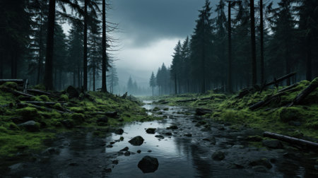 A stream running through a lush green forest. Generative AI image.の素材