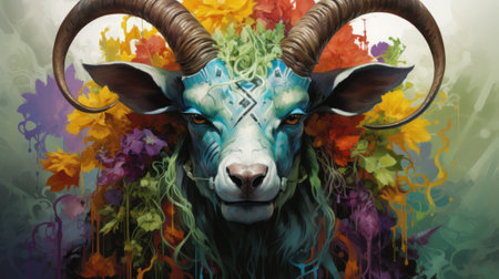 A painting of a goat with horns and flowers. Generative AI image.の素材