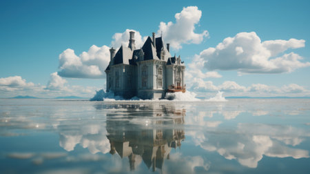 A castle sitting on top of a body of water. Generative AI image.の素材