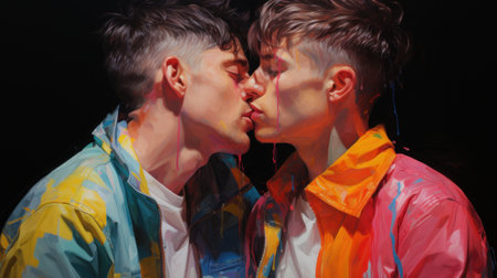 A painting of two men kissing each other. Generative AI image.の素材