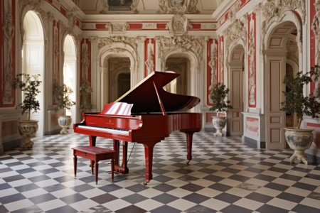 A grand piano in a room with a checkered floor. Generative AI image.の素材