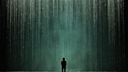 A person standing in front of a waterfall of water. Generative AI image.の素材
