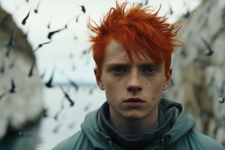 A young man with red hair standing in front of a flock of birds. Generative AI image.の素材