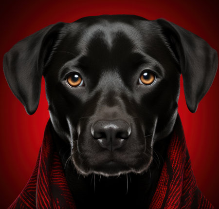 A close up of a dog wearing a scarf. Generative AI image.の素材