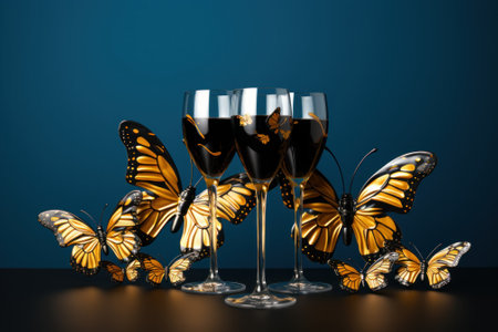A group of wine glasses with gold butterflies on them. Generative AI image.の素材
