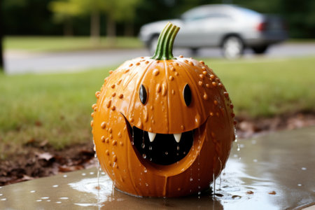 An orange pumpkin with a smile on its face is sprinkled with water. Generative AI image.の素材