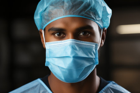 A close up of a person wearing a surgical mask. Generative AI image.の素材