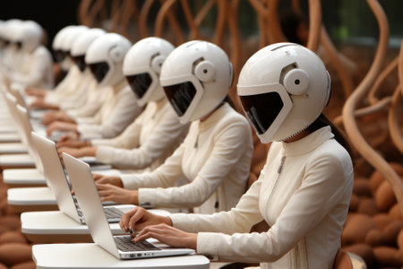 A group of people wearing helmets using laptops. Generative AI image.の素材