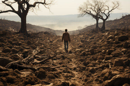 A man is walking through a barren area. Generative AI image.の素材