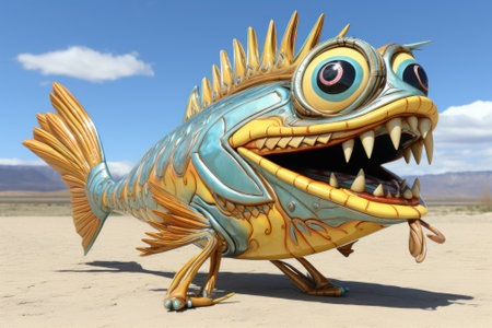 A colorful fish statue in the middle of the desert. Generative AI image.の素材