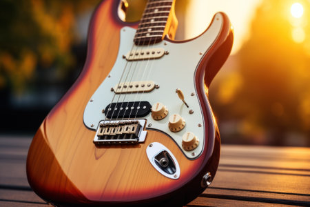 A guitar sitting on top of a wooden table. Generative AI image.の素材